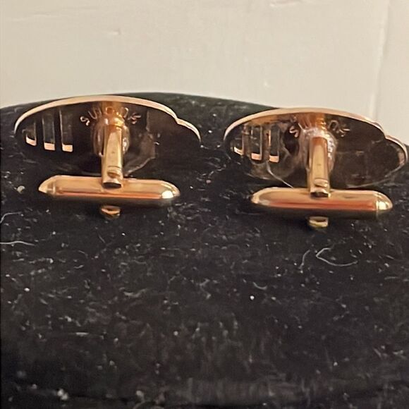Vintage 60s Swank Art Deco oval diamond etched gold tone bullet back cuff links - Picture 8 of 13